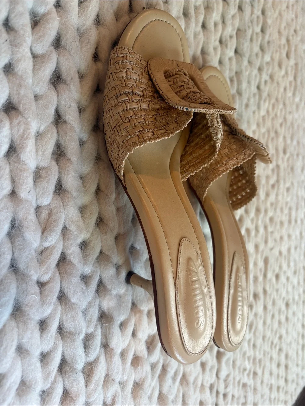 SCHUTZ Tan Raffia Buckle Slide Mules